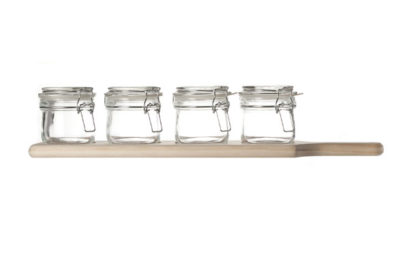 Plankje met 4 Glazen Potjes &nbsp;<br />glazen potje 15cl