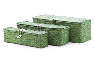 Rieten Mandjes Set Groen 3-Delig &nbsp;<br />3 verschillende maten
